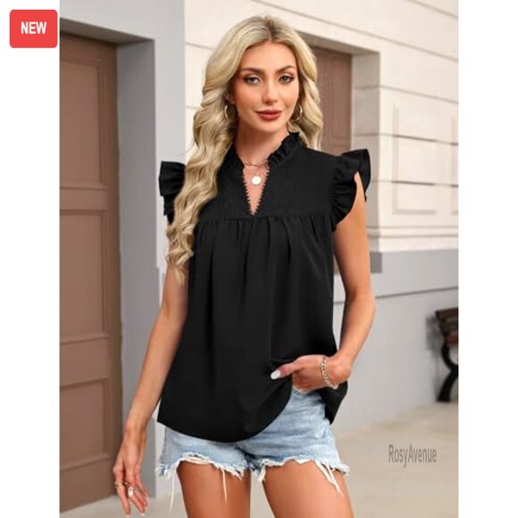 Loose Fit Ruffle Sleeve Lace Embroidered V Neck Blouse Tank Top - Picture 4 of 7